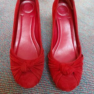 Red, suede wedge shoes. Size 8. Never worn.